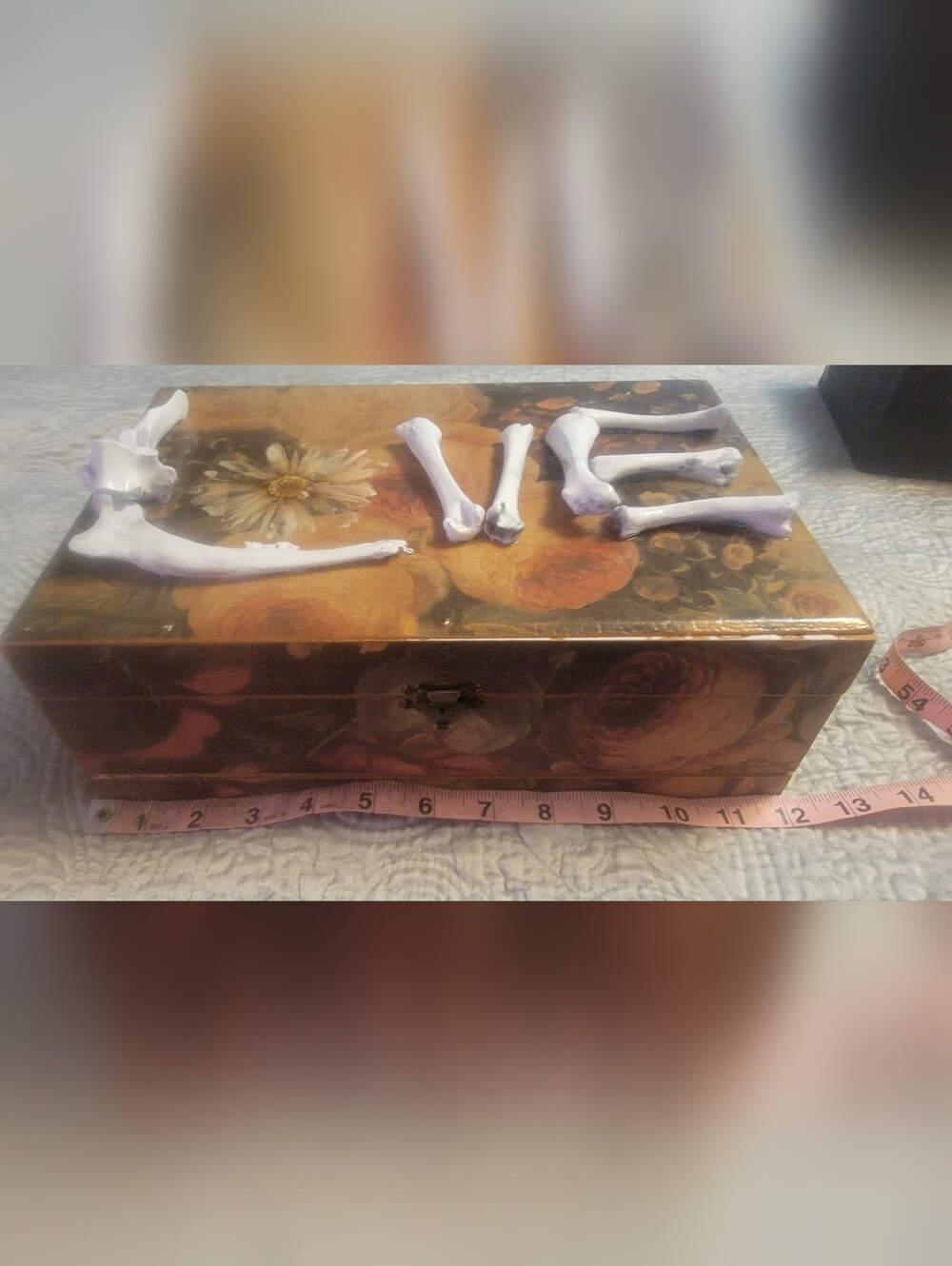 Floral Vintage Decorative Box with Painted Bone Ans Pressed Flower Accents